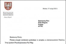 gratulacje przedsiębiorstwo fair play marszałek województwa małopolskiego attic